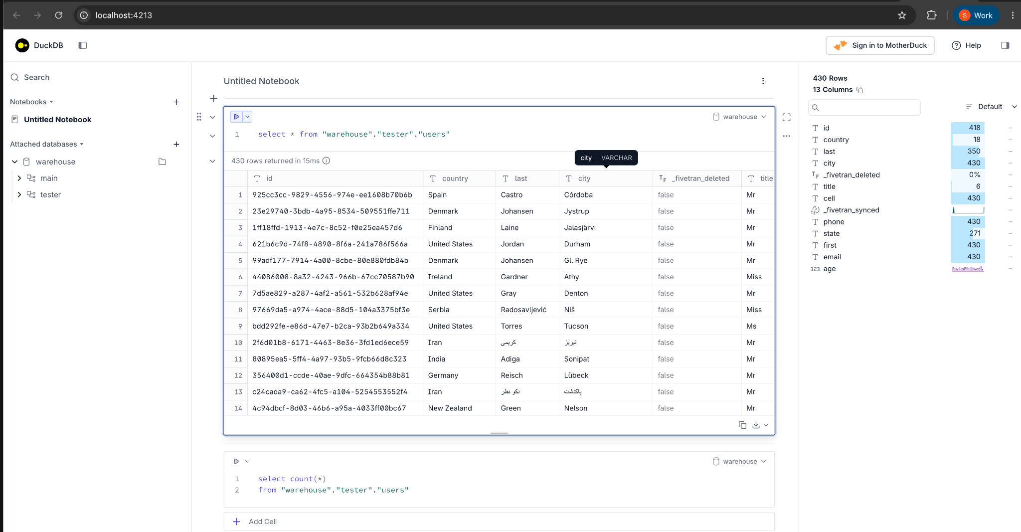 DuckDB for fivetran custom connector SDK