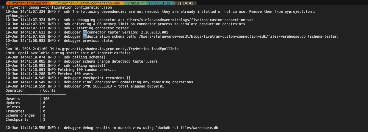 Run debugger for Fivetran custom connector SDK 