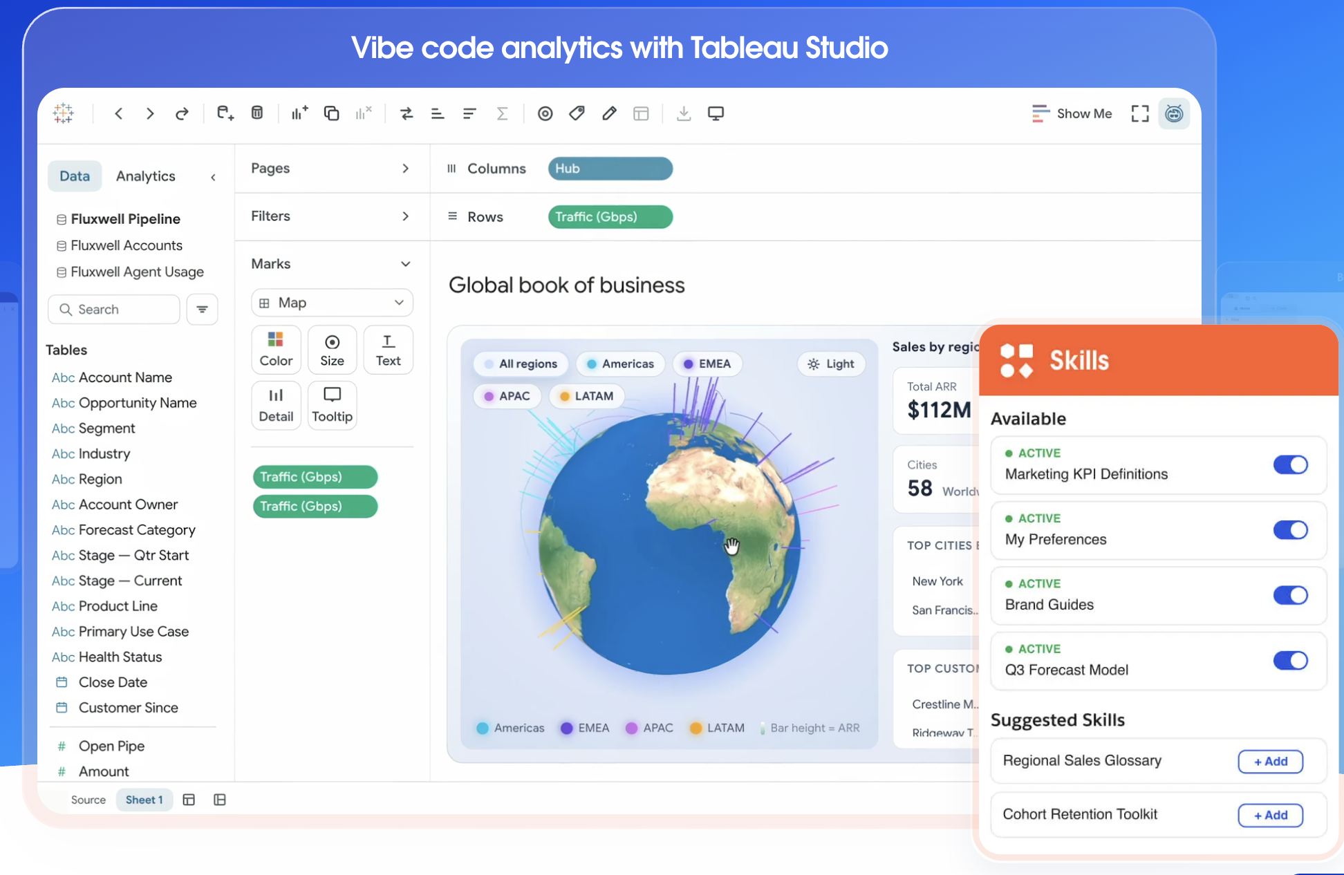 Tableau Studio workspace with an AI chat panel beside a drag-and-drop visualisation canvas