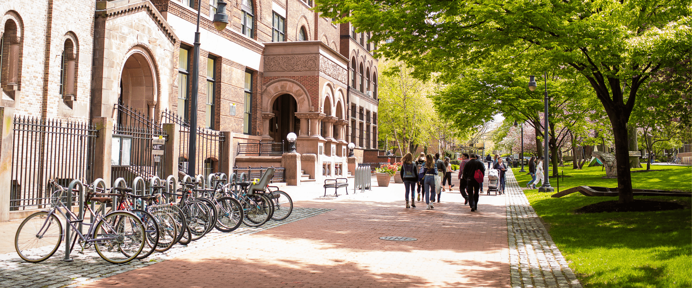 Sunny day on Pratt's campus with students walking around and bright grass