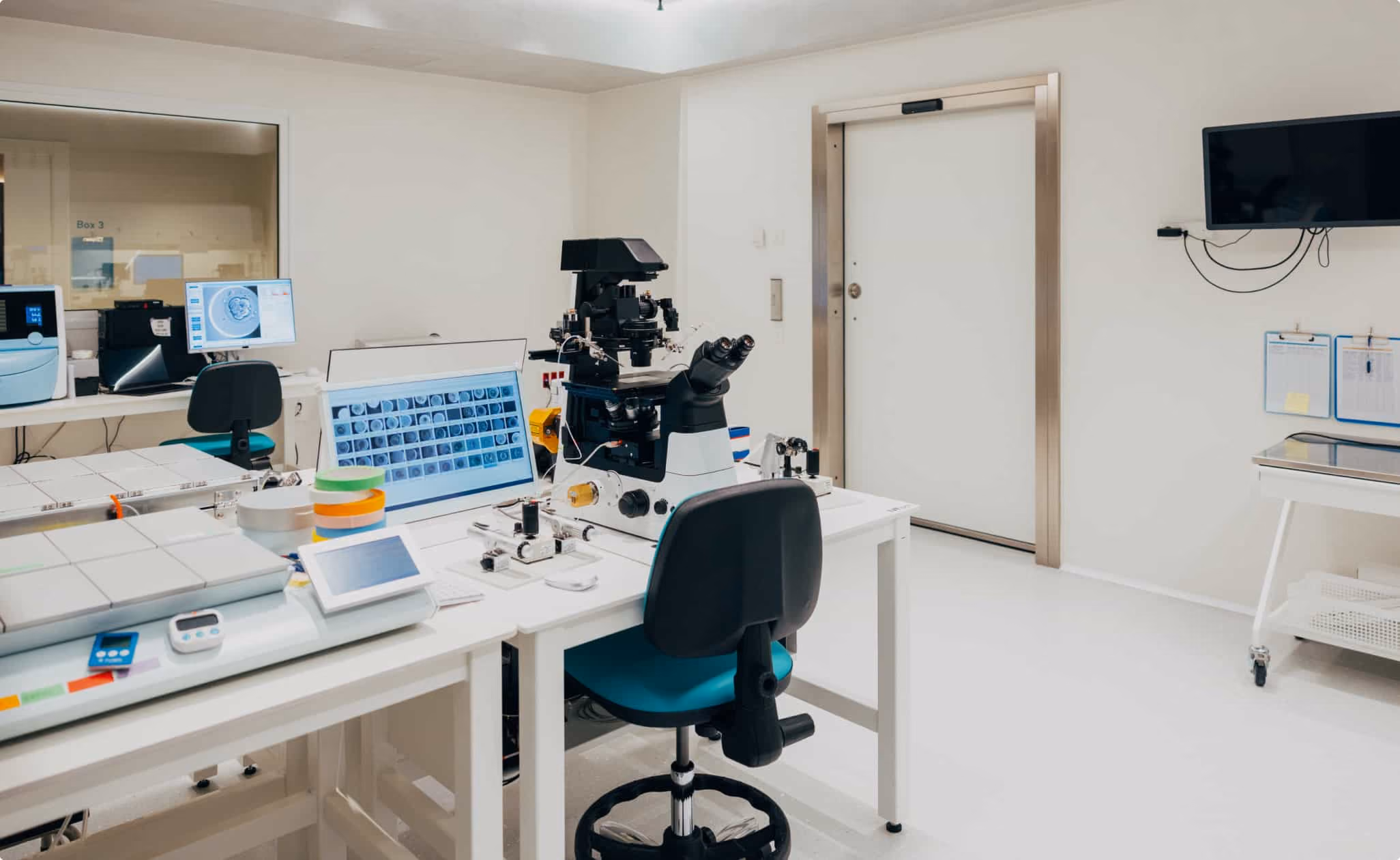 Embryology laboratory equipped with microscopes, embryo monitoring systems, workstations, and specialised fertility lab equipment.