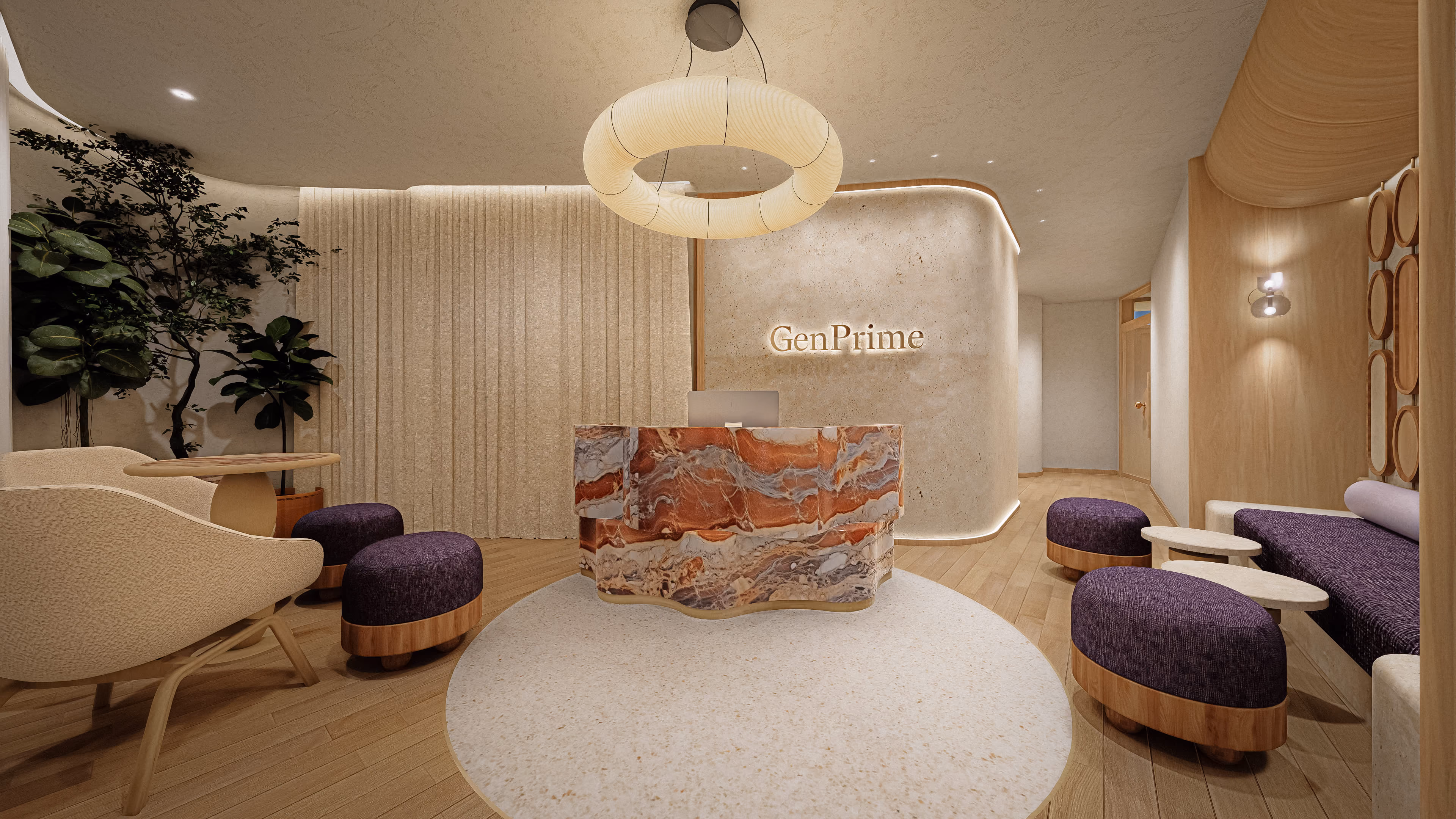 GenPrime Fertility reception and waiting area featuring a curved marble desk, illuminated wall logo, sculptural lighting, indoor greenery, and purple seating.