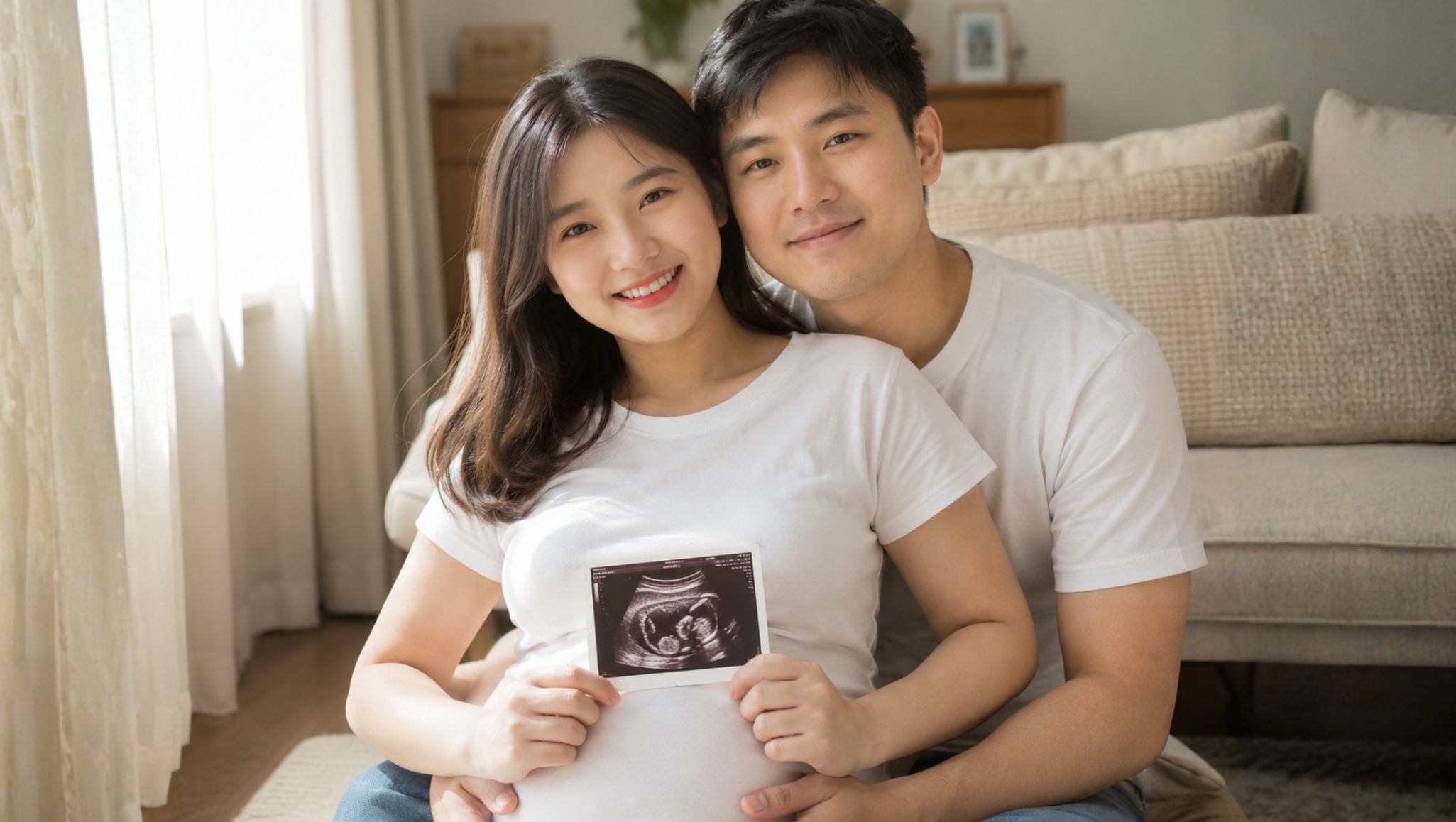 Asian expectant couple holding an ultrasound image while smiling together at home.