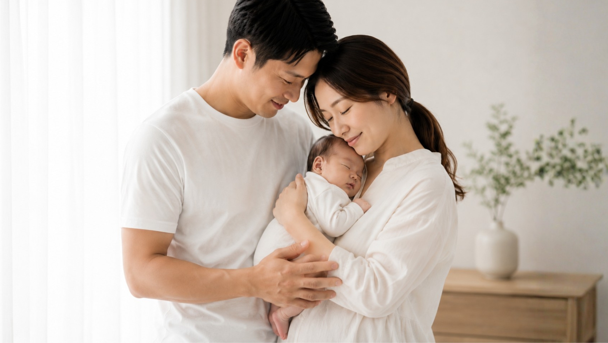 Asian parents gently holding their sleeping newborn baby in a bright, softly lit home.