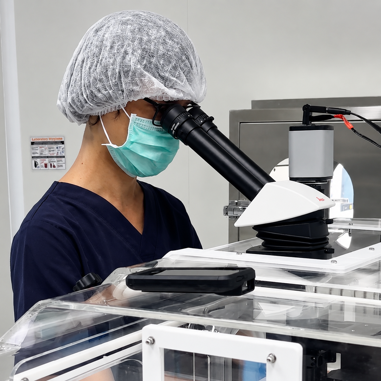 Embryologist in navy scrubs and protective equipment examining a sample through a laboratory microscope.