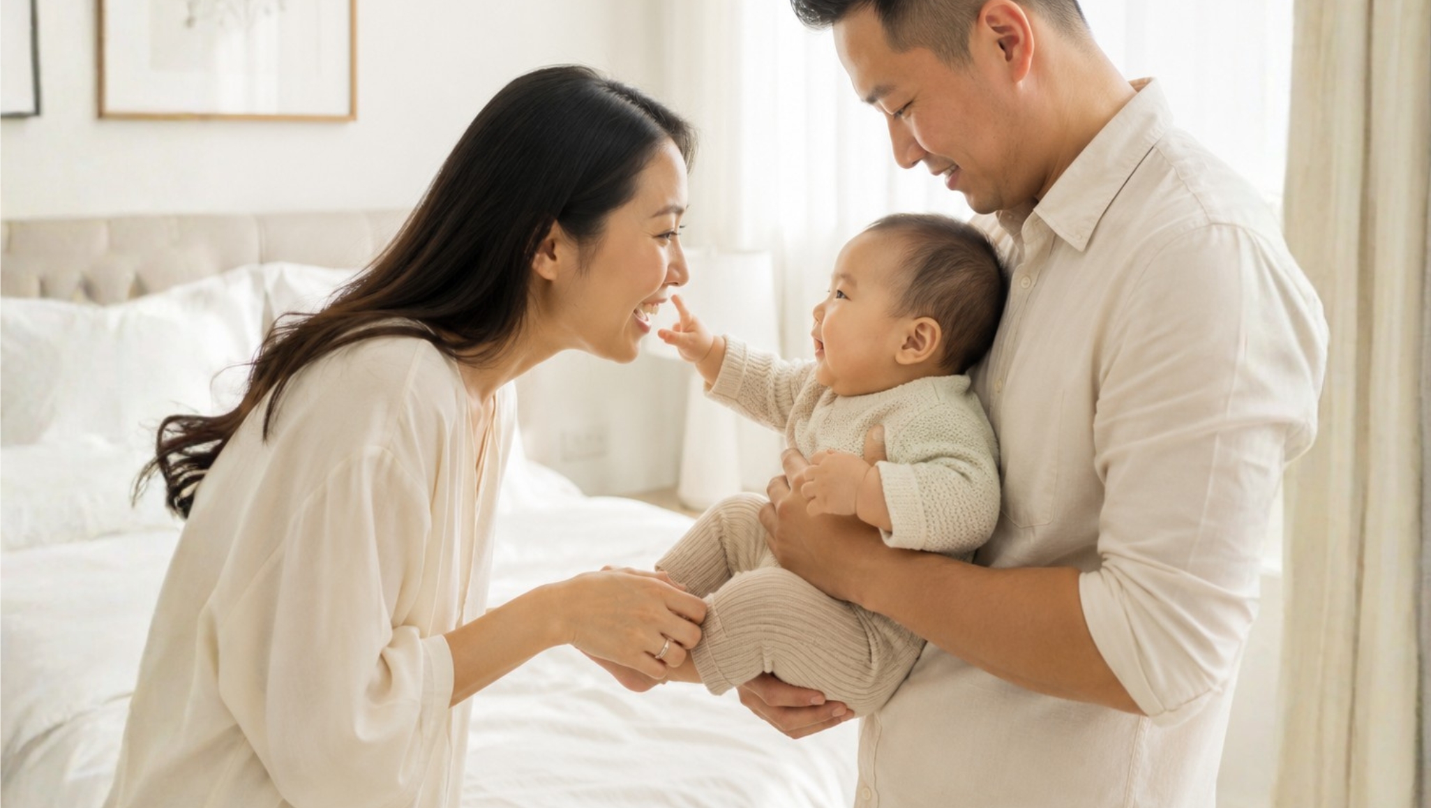 Asian parents sharing a joyful moment with their smiling baby in a bright, softly lit bedroom.