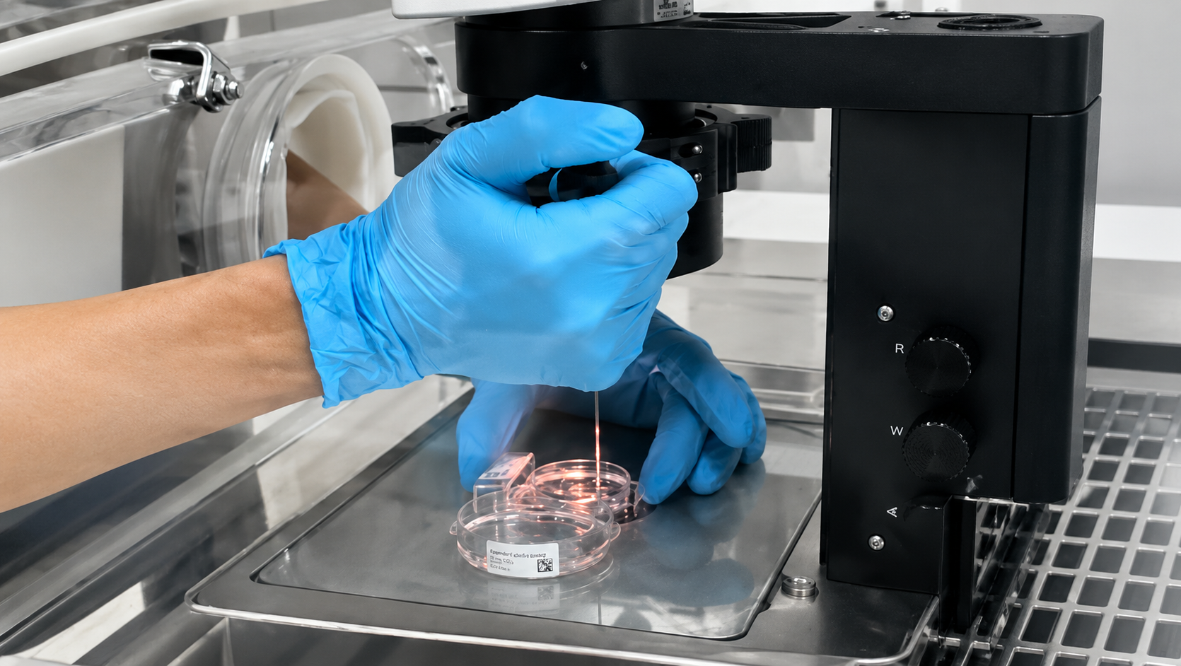 Embryologist wearing blue gloves handling culture dishes under a laboratory microscope in a fertility lab.