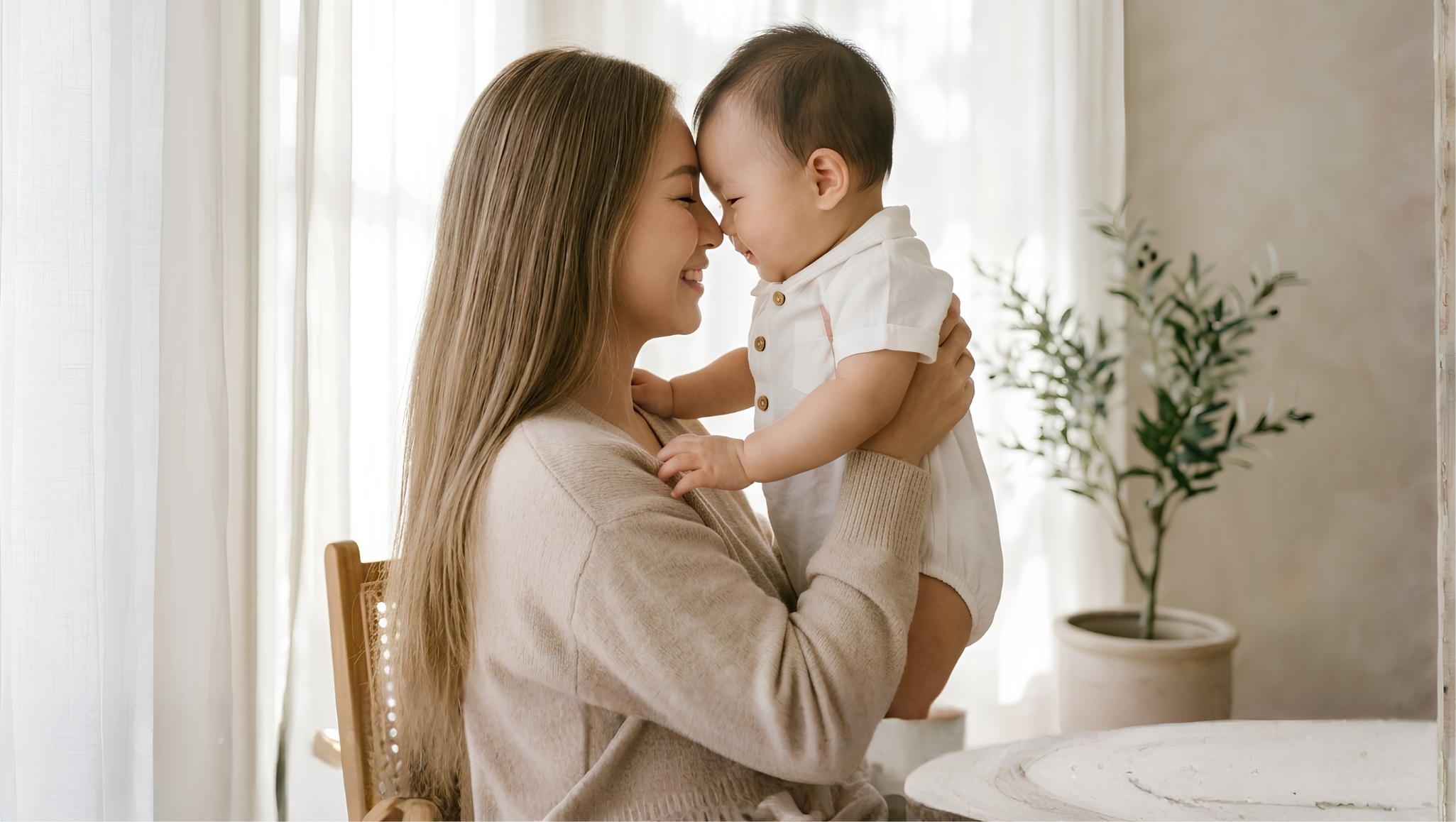 Mother holding her smiling baby close in a bright, softly lit home.
