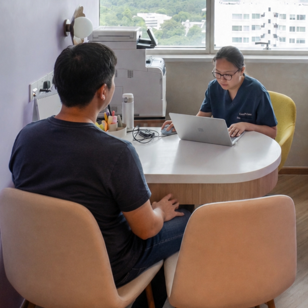 GenPrime healthcare professional consulting with a male patient while reviewing information on a laptop in a private clinic room.