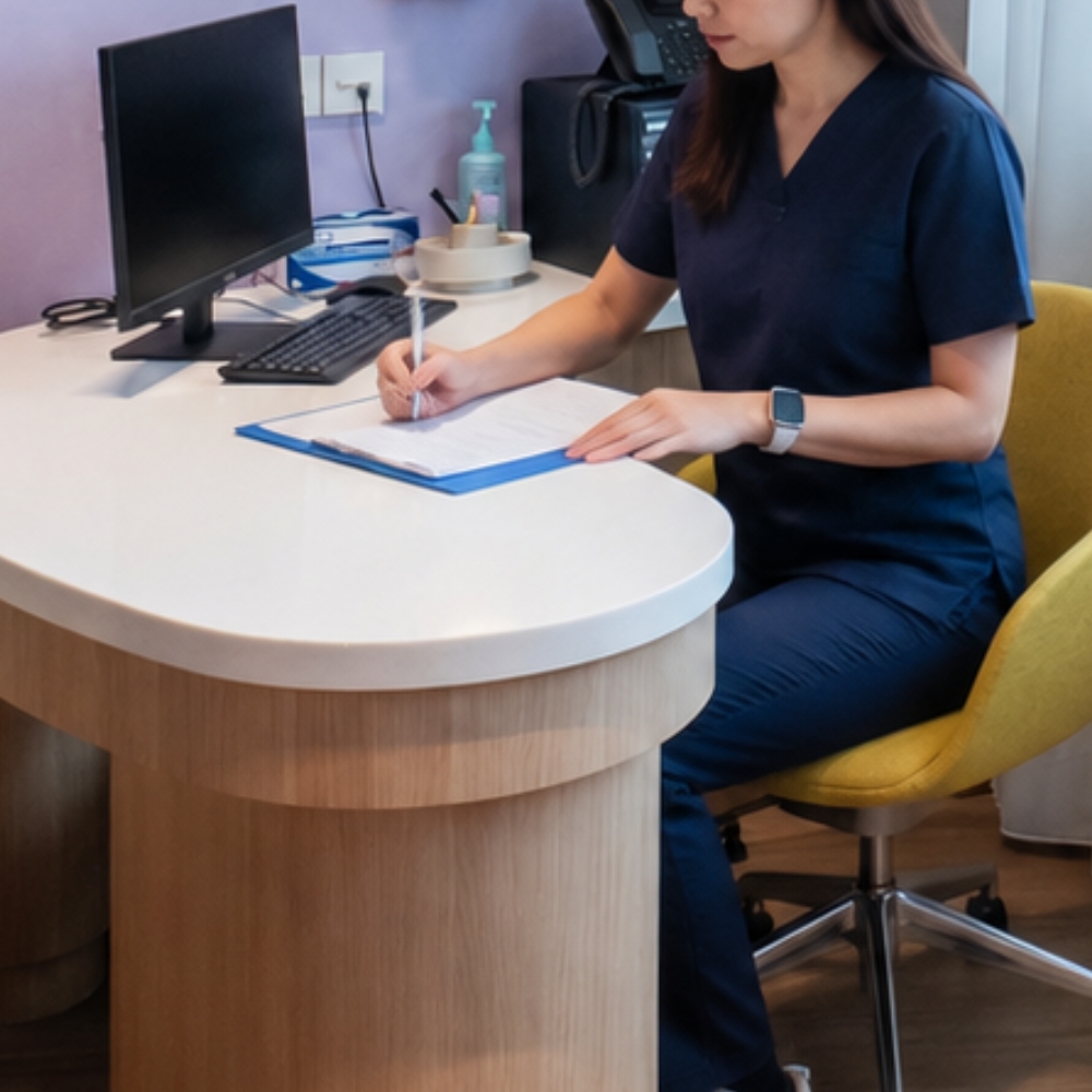 GenPrime healthcare professional in navy scrubs completing patient documents at a clinic workstation.