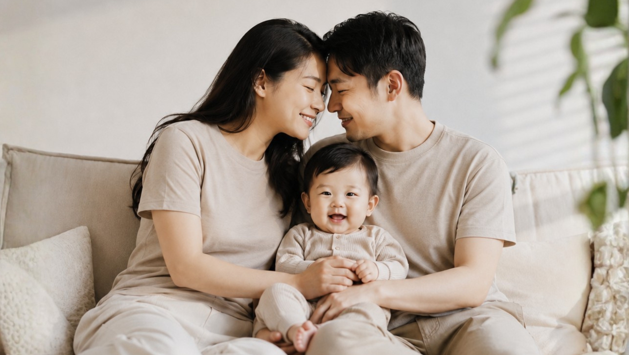 Asian parents sitting closely with their smiling baby on a sofa in a bright, neutral-toned home.