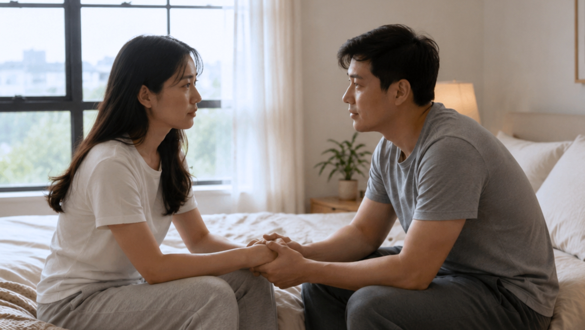 Asian couple sitting on a bed, holding hands and having a supportive conversation at home.