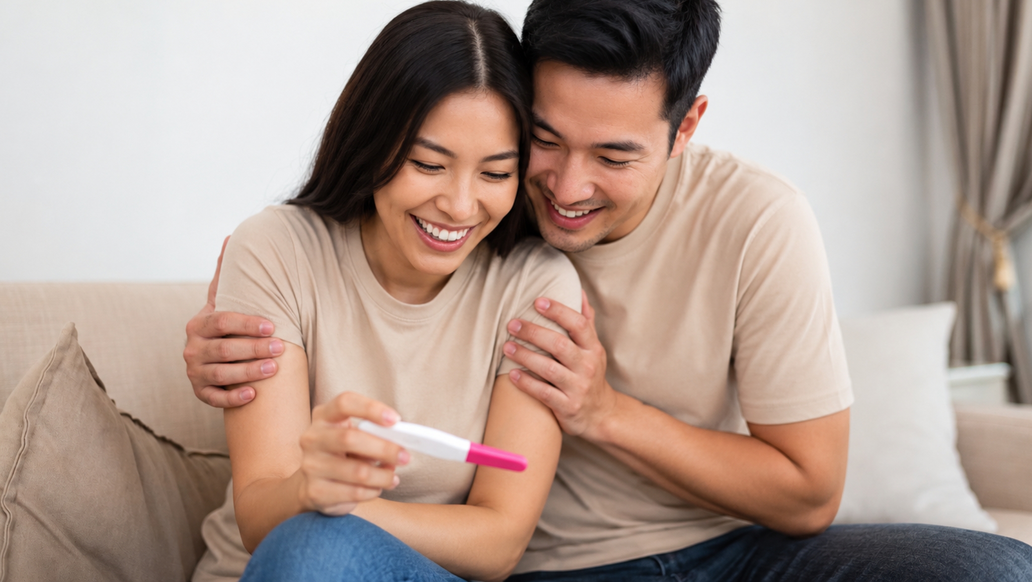 Asian couple smiling together while holding a positive pregnancy test at home.
