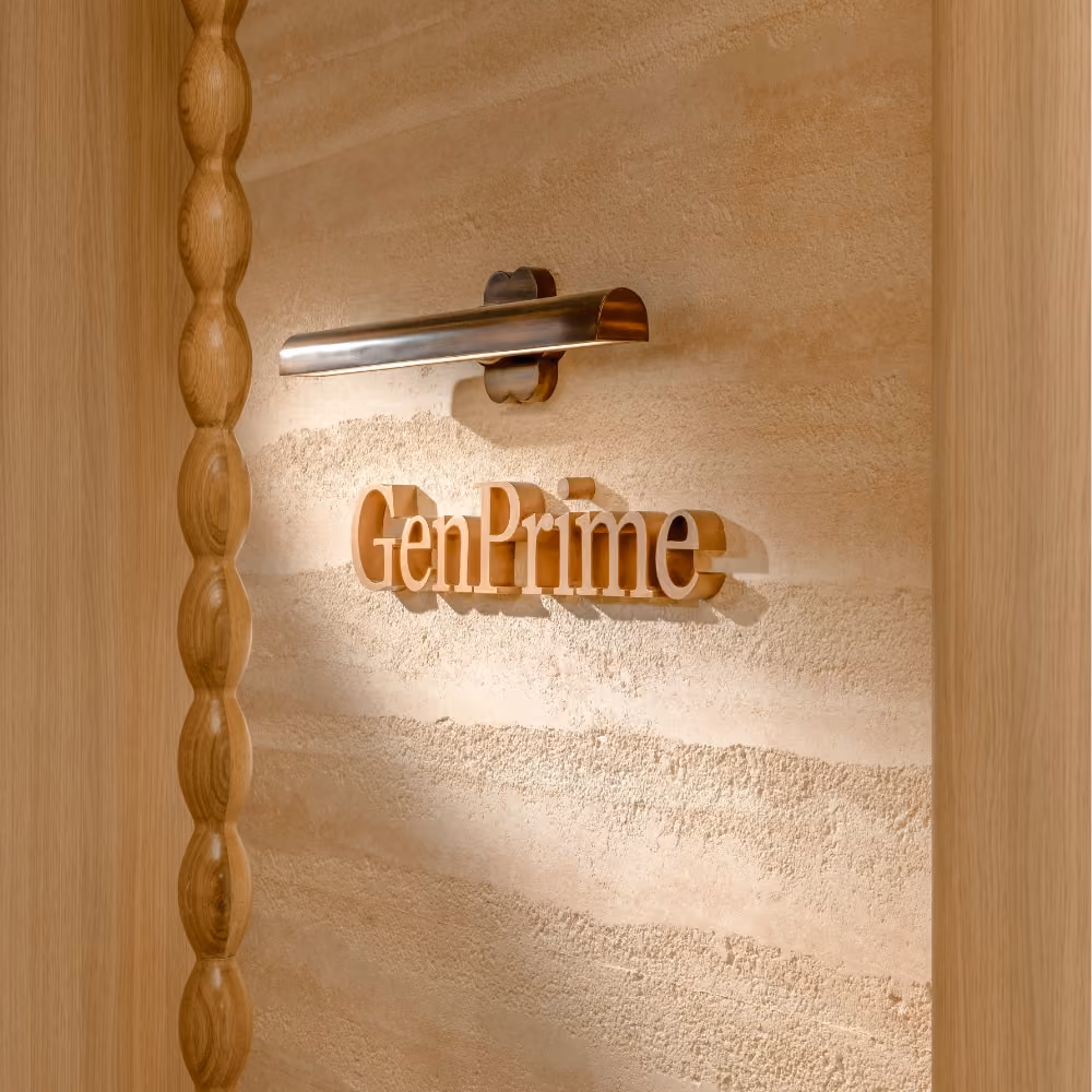 GenPrime logo displayed on a textured beige wall with warm wooden detailing and soft accent lighting.