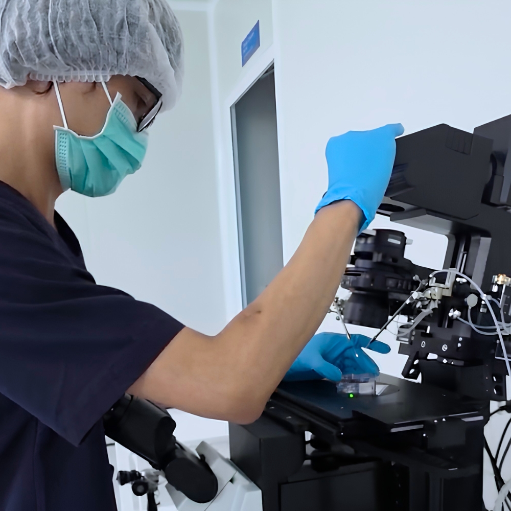 Embryologist wearing protective equipment and gloves while operating a microscope in a fertility laboratory.