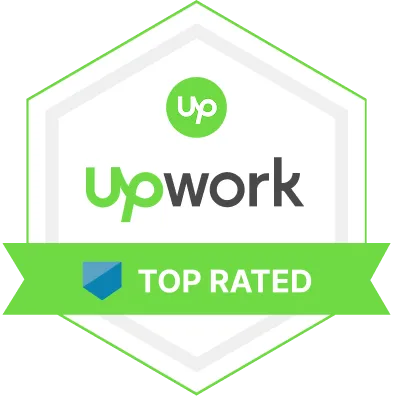 A green ribbon that says upwork top rated.