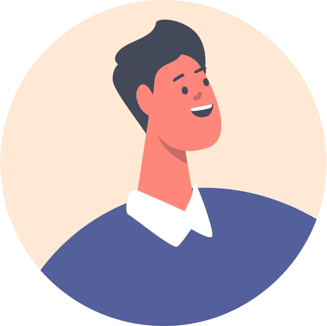 A man in a blue shirt is smiling.