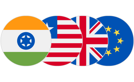 Four circular icons showing the flags of India, the United States, the United Kingdom, and the European Union.