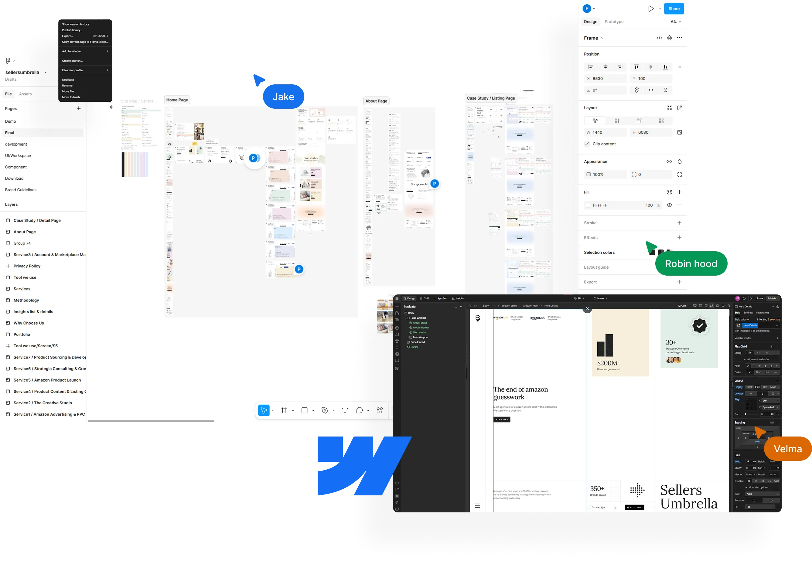 Man in a red hoodie working on a large curved monitor displaying a website design interface, seated at a wooden desk with keyboard, mouse, and coffee mug.