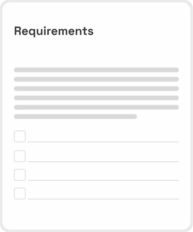 A form section titled 'Requirements' with placeholder text and four empty checkboxes below it.