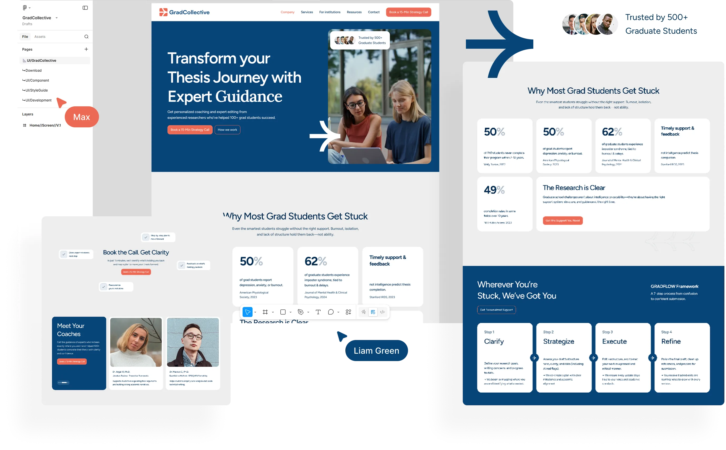 Man in a red hoodie working on a large curved monitor displaying a website design interface, seated at a wooden desk with keyboard, mouse, and coffee mug.