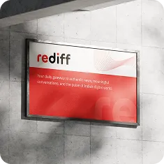 Rediff signboard on a wall with the text: Rediff, Your daily gateway to authentic news, meaningful conversations, and the pulse of India's digital world.