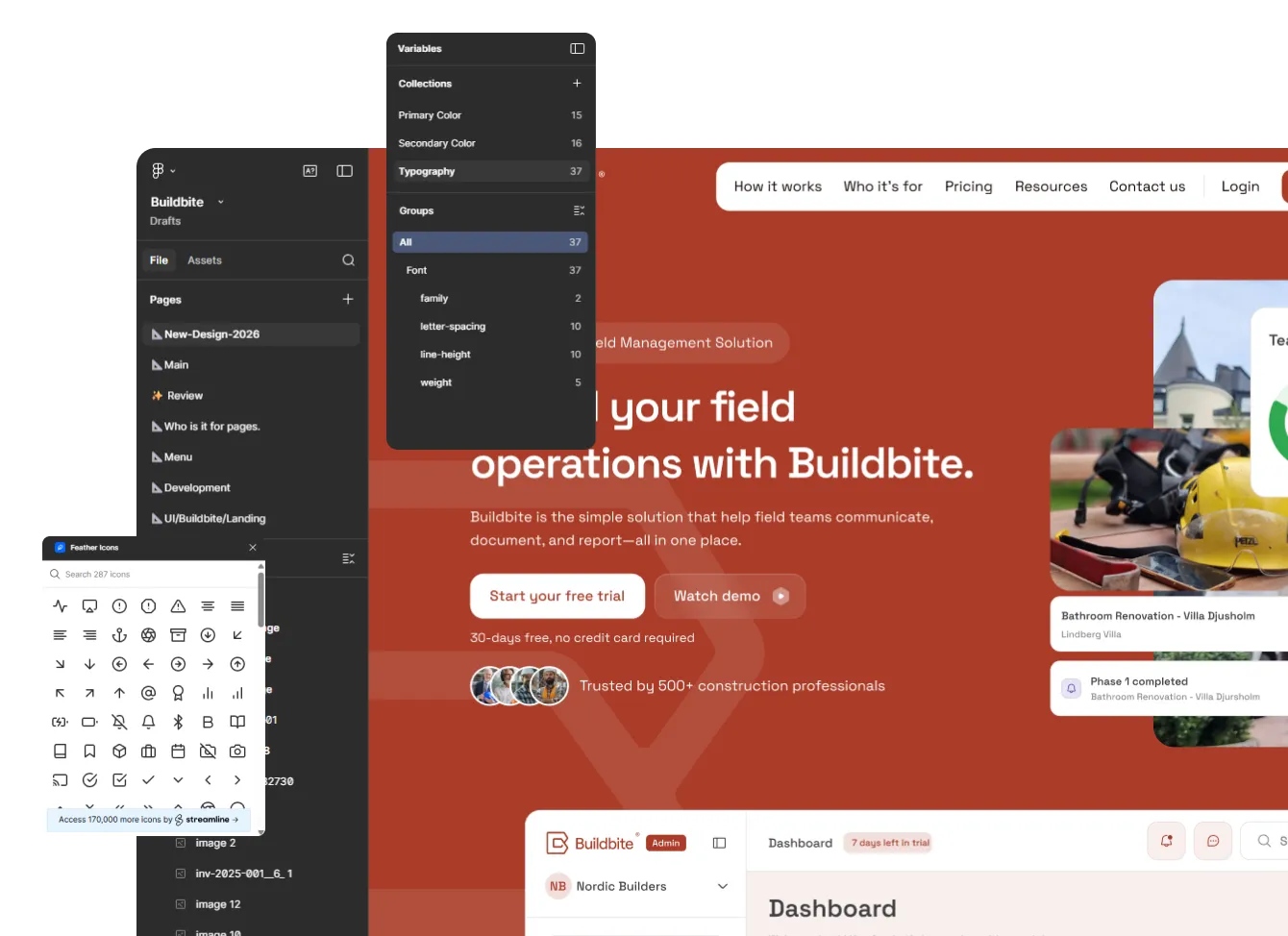 Screenshot of Buildbite field management software interface displaying menu options, typography settings, icons panel, and a red-themed webpage promoting free trial and demo for construction professionals.
