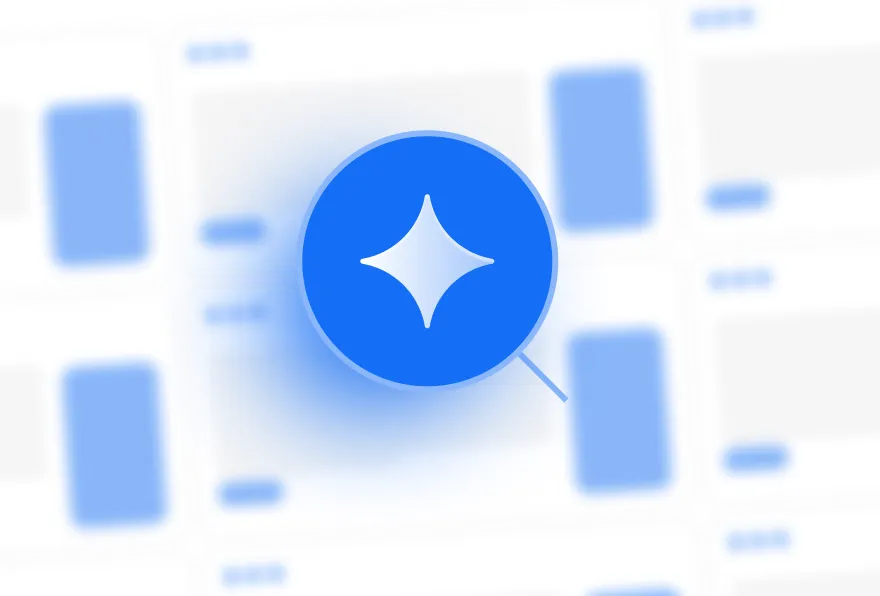 Blue circle with a white sparkle icon centered over a blurred grid of blue and gray rectangles.