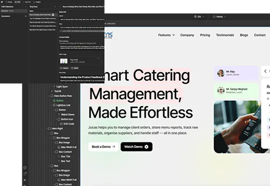 Website interface for a catering management tool showing features like client orders, menu reports, and staff handling, with options to book or watch a demo.