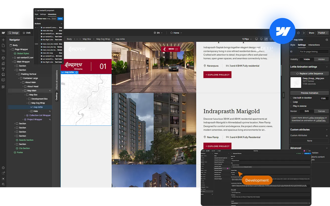 Screenshot of a web design interface showing a real estate project layout with images, map, and project details for Indraprasth Saptak and Indraprasth Marigold, including menu and animation settings panels.
