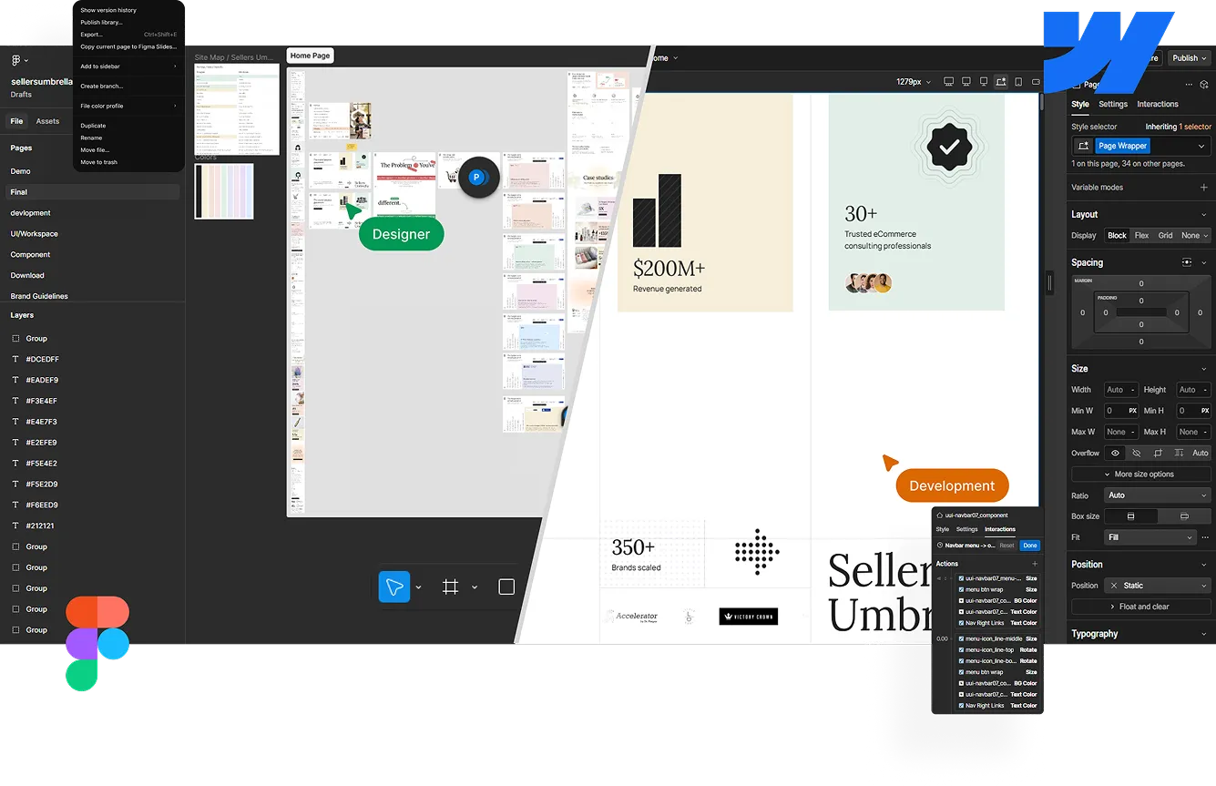 Split screen showing Figma design interface on the left and Webflow site editor on the right with labels Designer and Development.