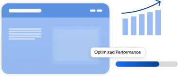 Illustration of a blue browser window with a rising bar chart and arrow indicating optimized performance.