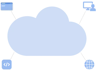 Blue cloud icon with small squares above left and right corners and below left and right corners on a transparent background.