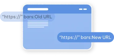 Illustration of a web browser window showing an old URL on the left and a new URL on the right with arrows indicating URL redirection.