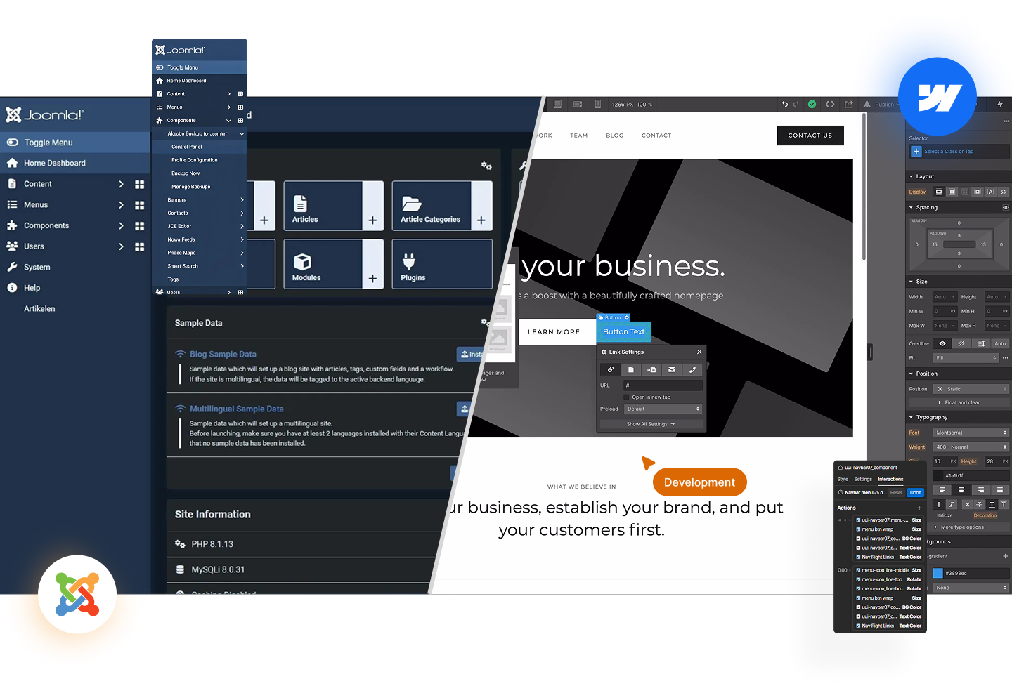 Split screen showing Joomla CMS dashboard on the left and a web design interface with editable button and style settings on the right.