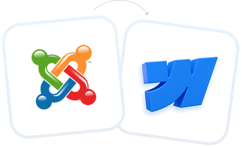 Joomla logo next to the Webflow logo on white cards.