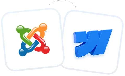 Joomla logo next to the Webflow logo on white cards.