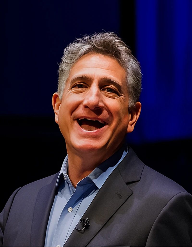 Smiling middle-aged man with gray hair wearing a blue shirt and dark blazer against a dark background.