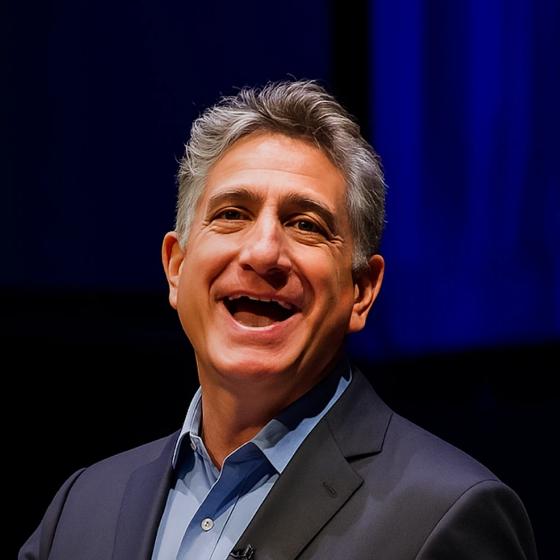 Smiling middle-aged man with gray hair wearing a dark blazer and light blue shirt against a dark blue background.
