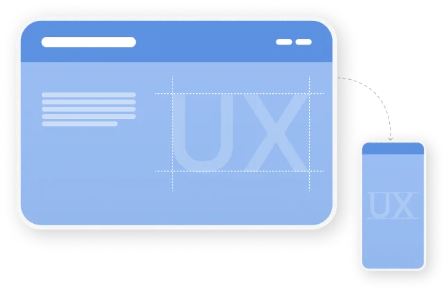 Illustration of a large web browser window and a mobile phone screen showing UX design elements.