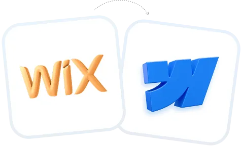 3D logos of Wix in orange and Webflow in blue side by side on white rounded squares.