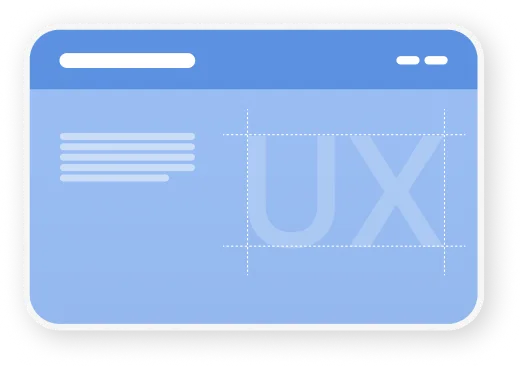 Blue browser window mockup with UX letters outlined on the right side and placeholder text lines on the left.