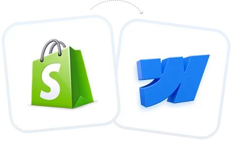 Green Shopify shopping bag logo next to blue Webflow logo on white backgrounds.