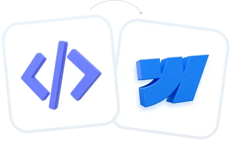Two white rounded square tiles with blue 3D symbols; left tile shows HTML code brackets, right tile shows stylized letters 'YW'.