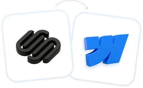 3D black intertwined Squarespace logo next to a blue 3D Webflow logo on white rounded squares.