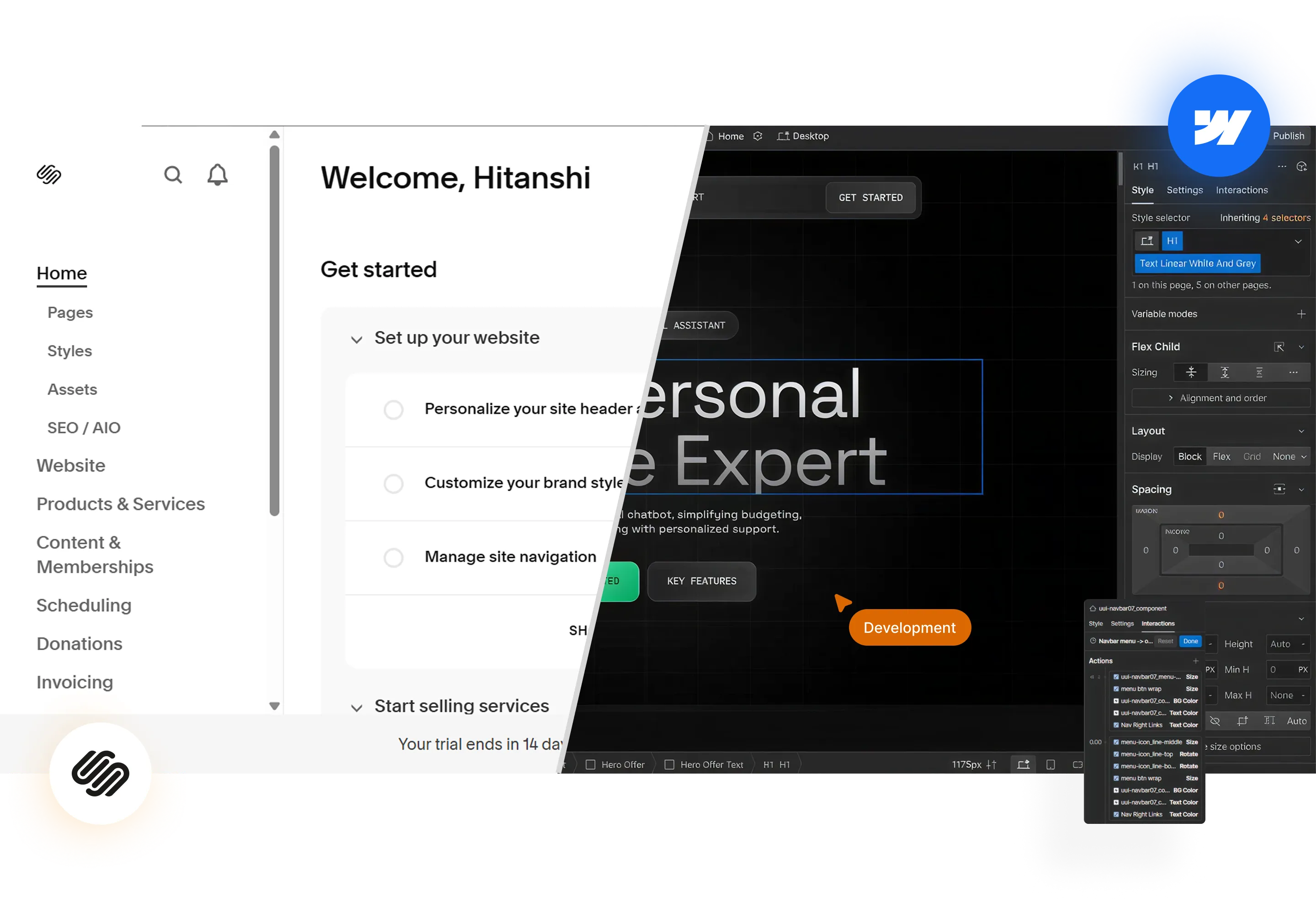 Split screen showing a website dashboard on the left with menu options and welcome message, and a website design interface on the right with style and layout settings.