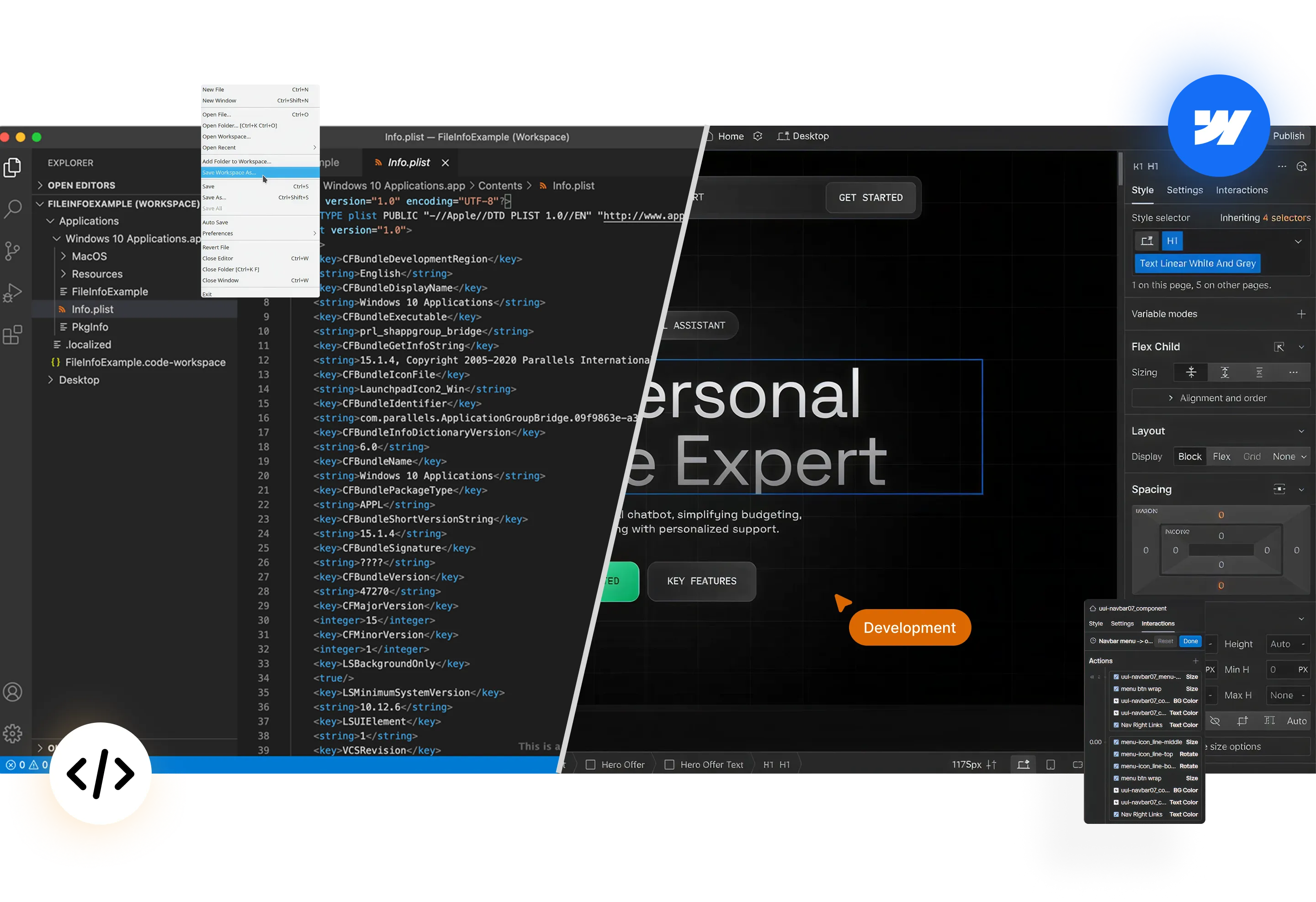 Split screen of software development interface with code editor on the left and website design tool on the right.