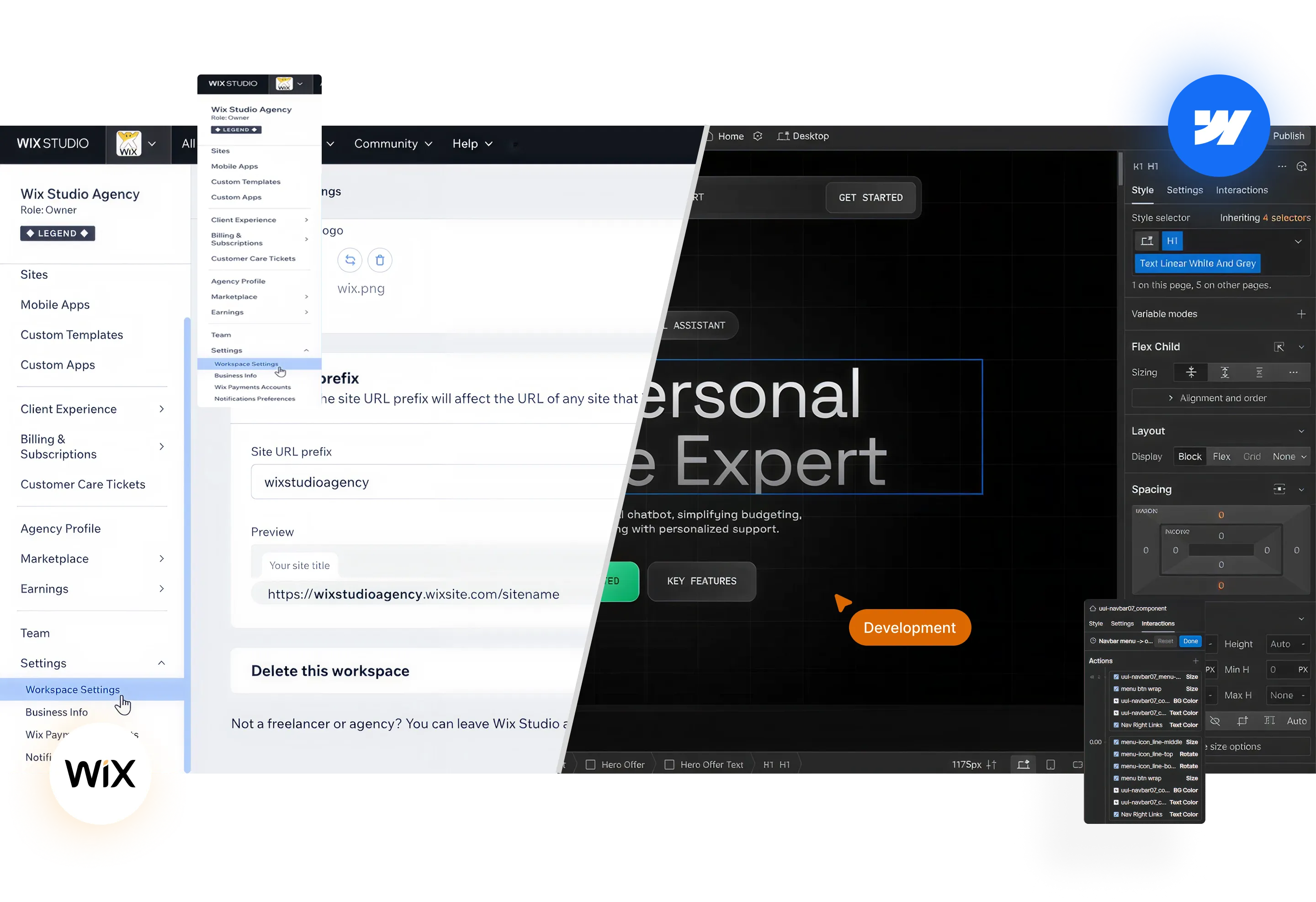Screenshot of Wix Studio interface showing workspace settings on the left and web design tools on the right with editable text and style options.