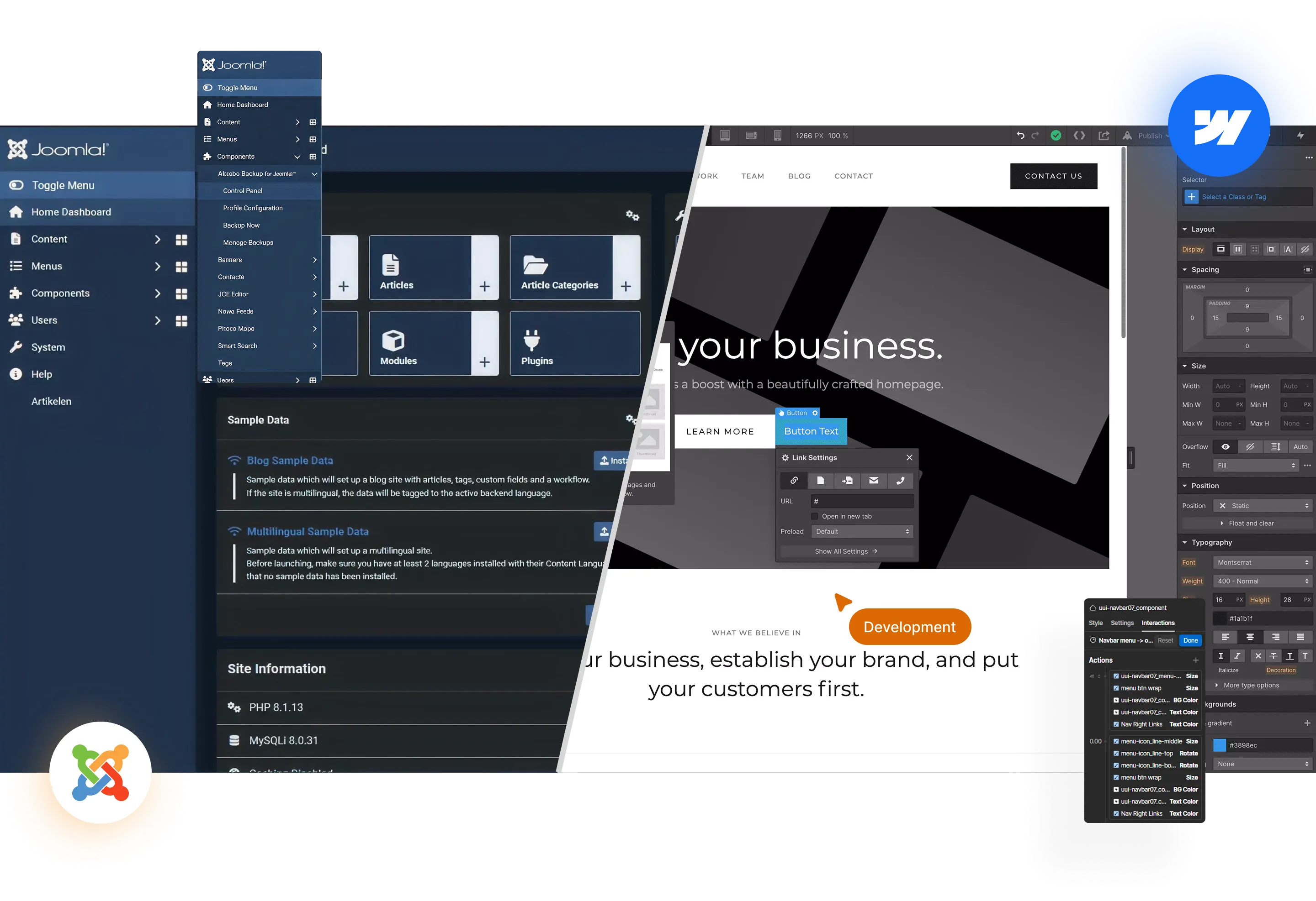 Split screen showing Joomla backend interface on the left and a website builder editing a homepage on the right.
