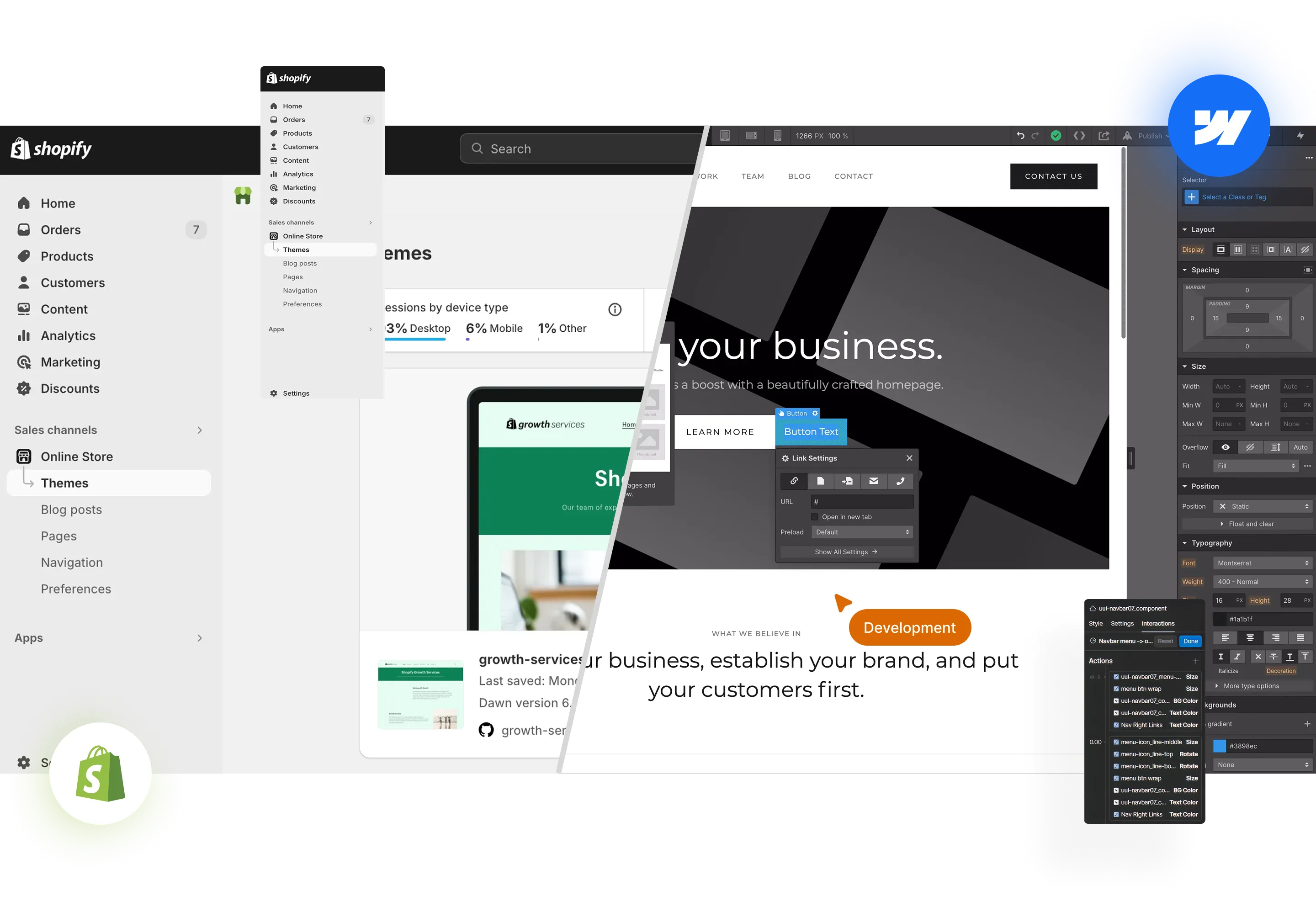 Screenshot split to show Shopify admin panel for managing themes on the left and webpage design interface with button editing on the right.